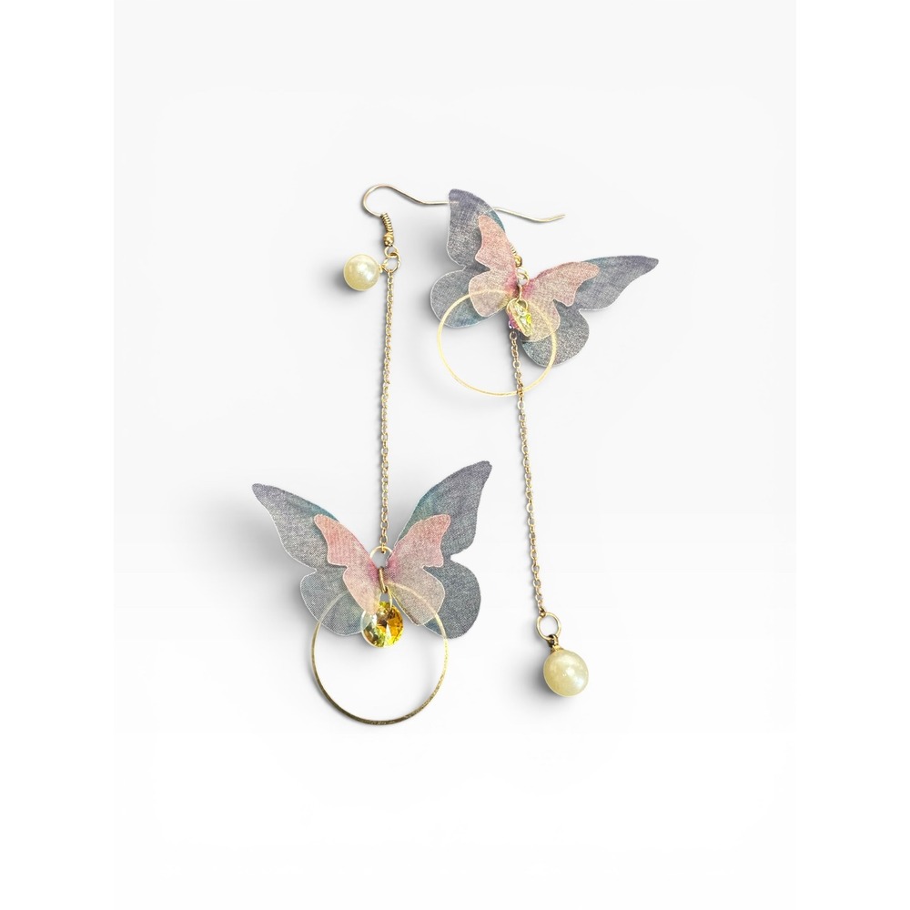 Pastel Butterfly Drop Earrings Blue Pink Gold Tone Asymmetrical